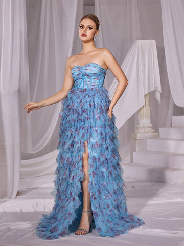 Floral Printed Mesh Layered Tube Cake Dress