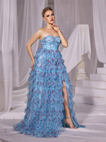 Floral Printed Mesh Layered Tube Cake Dress