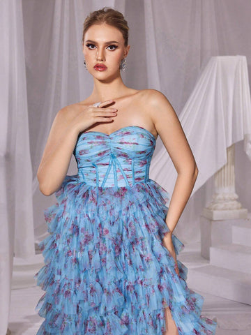 Floral Printed Mesh Layered Tube Cake Dress