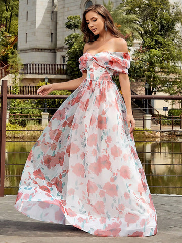 Floral Printed Off Shoulder Mesh Bridesmaid Dress