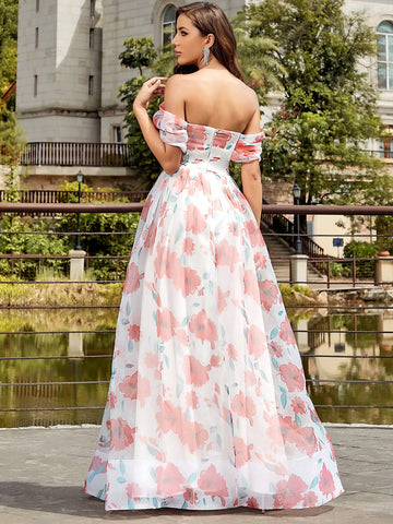 Floral Printed Off Shoulder Mesh Bridesmaid Dress