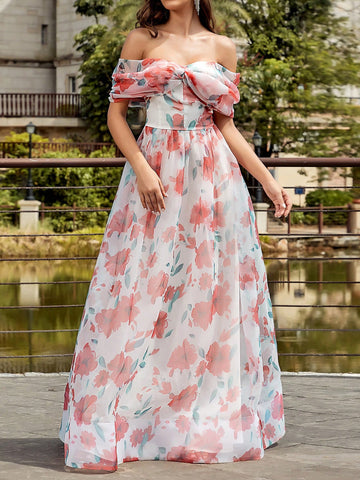 Floral Printed Off Shoulder Mesh Bridesmaid Dress