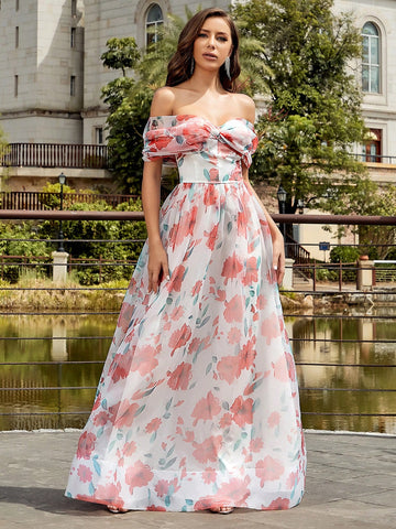Floral Printed Off Shoulder Mesh Bridesmaid Dress