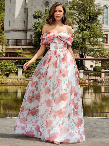 Floral Printed Off Shoulder Mesh Bridesmaid Dress