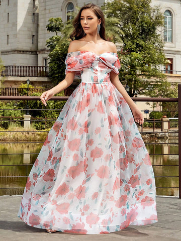 Floral Printed Off Shoulder Mesh Bridesmaid Dress