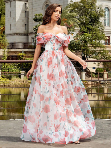 Floral Printed Off Shoulder Mesh Bridesmaid Dress