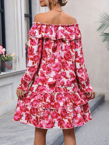 Floral Printed Ruffle Trim Decor Casual 2pcs Outfit