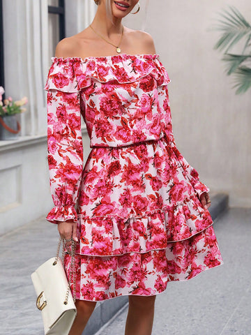 Floral Printed Ruffle Trim Decor Casual 2pcs Outfit