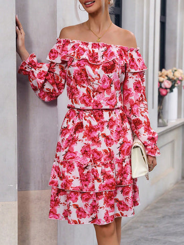 Floral Printed Ruffle Trim Decor Casual 2pcs Outfit