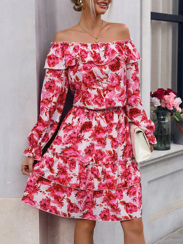 Floral Printed Ruffle Trim Decor Casual 2pcs Outfit