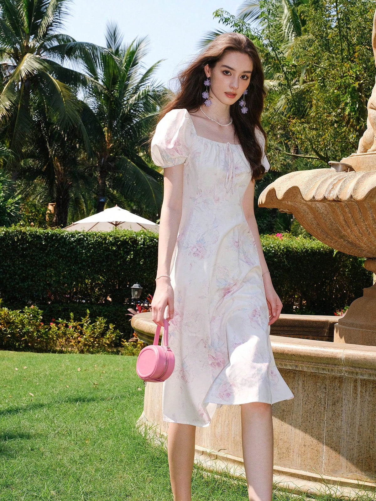 Floral Printed Square Neck Puff Sleeve Dress