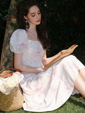Floral Printed Square Neck Puff Sleeve Dress