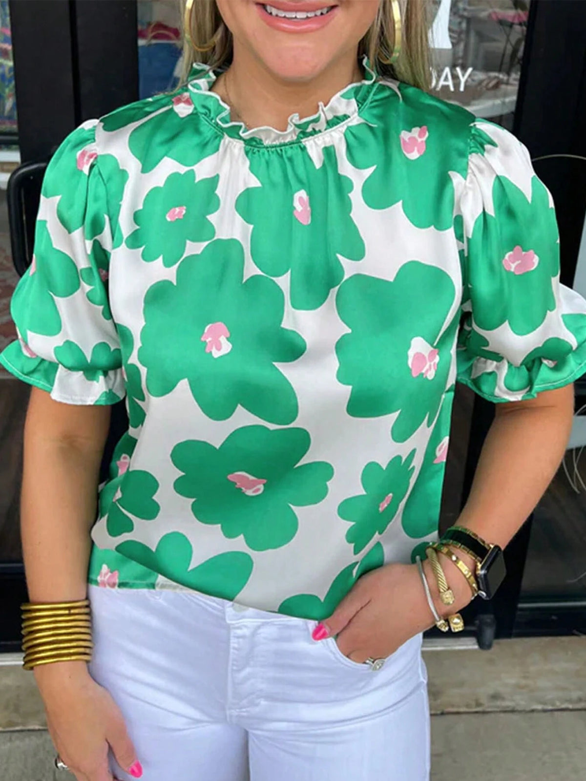 Floral Puff Sleeve Frill Neckline Blouse