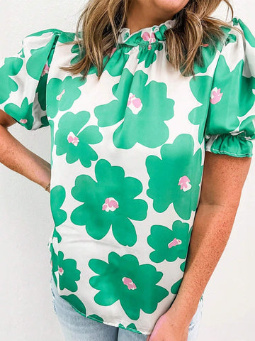 Floral Puff Sleeve Frill Neckline Blouse