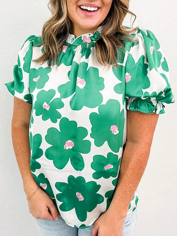 Floral Puff Sleeve Frill Neckline Blouse