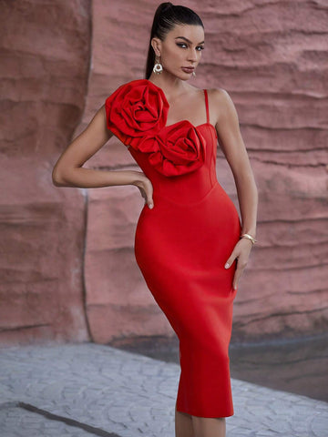 Floral Sculptural One Shoulder Tight Bandage Party Dress With Straps