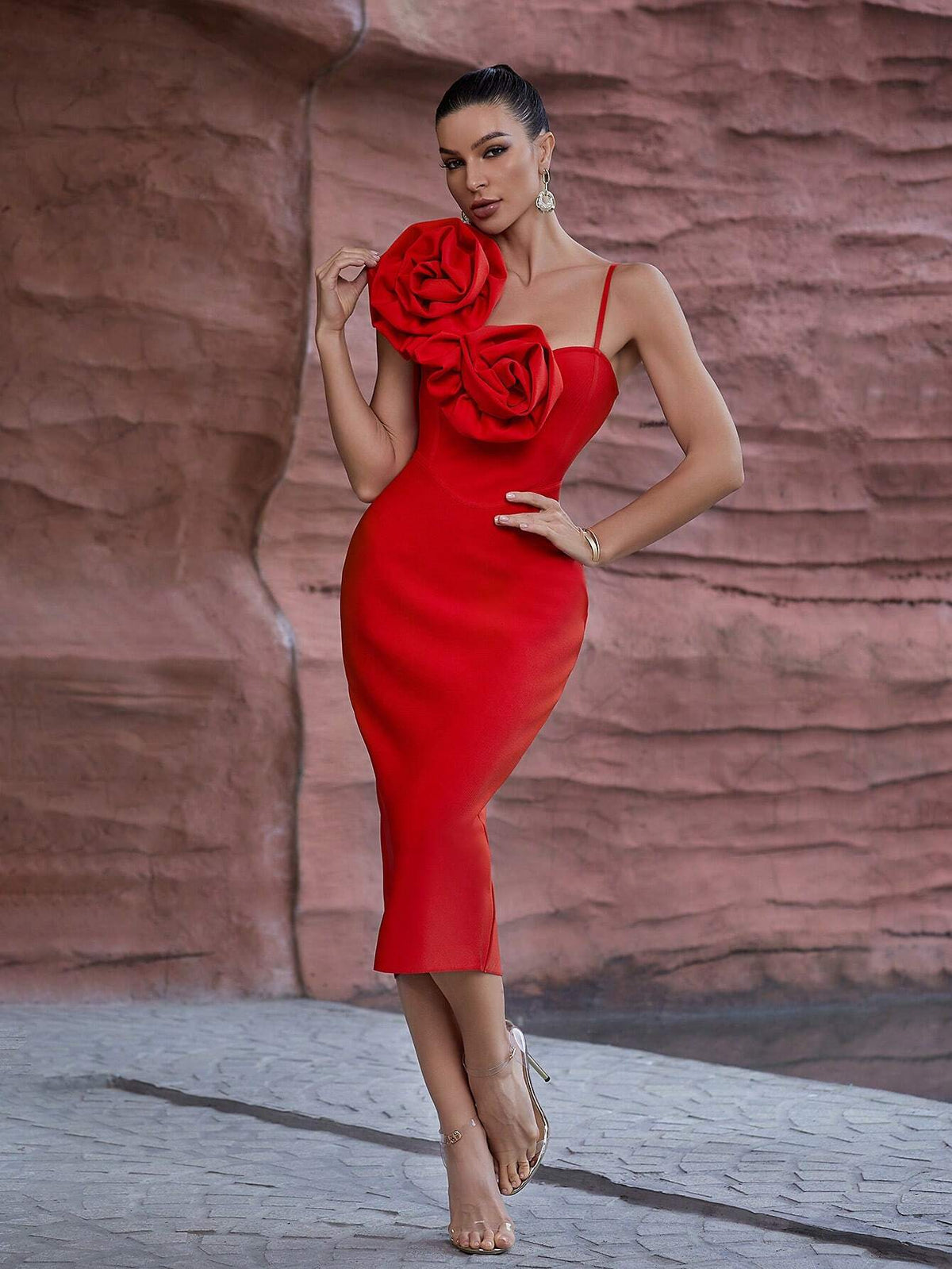 Floral Sculptural One Shoulder Tight Bandage Party Dress With Straps