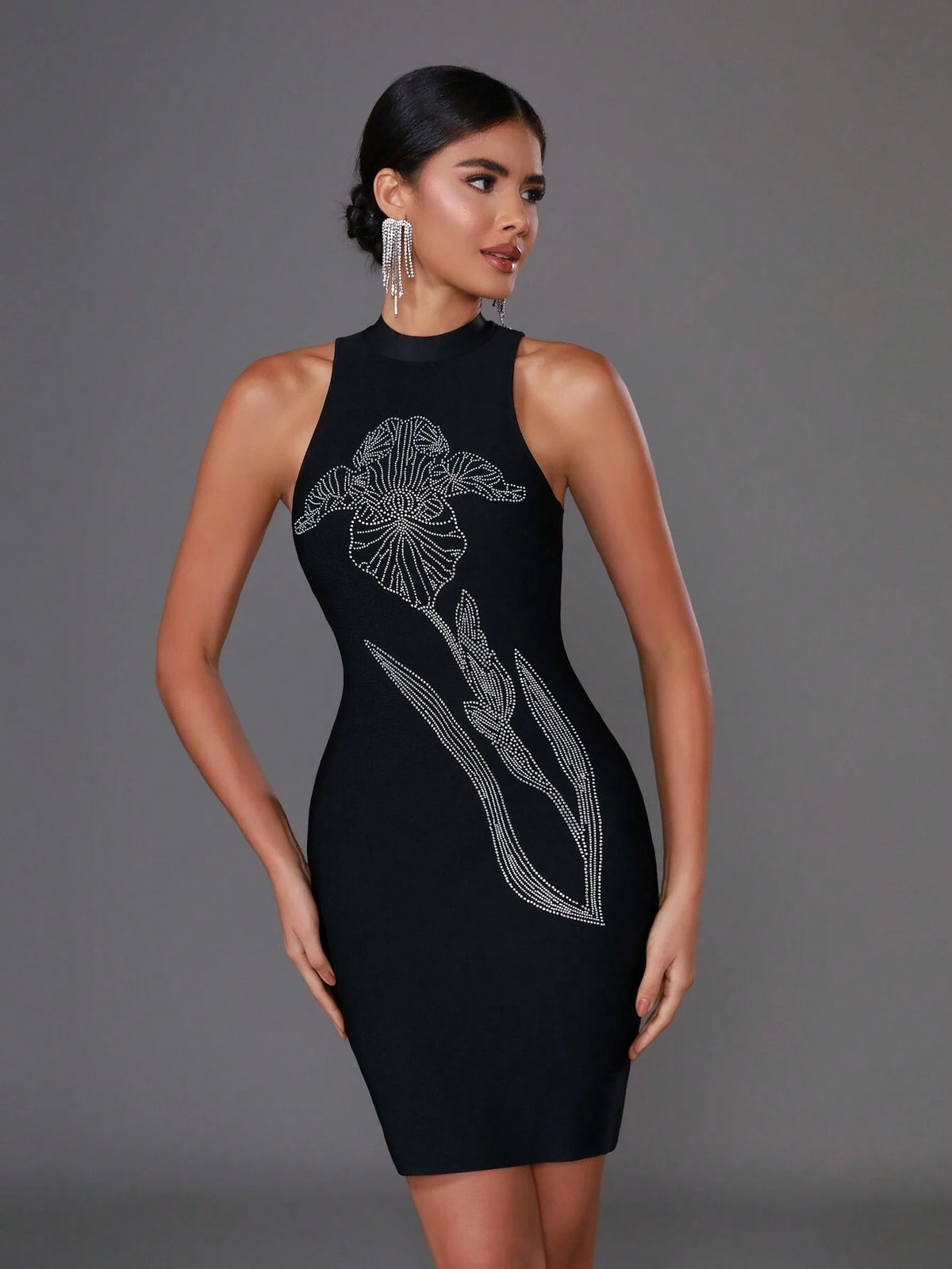 Floral Sexy Rhinestones Halter Bandage Party Dress