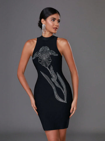 Floral Sexy Rhinestones Halter Bandage Party Dress