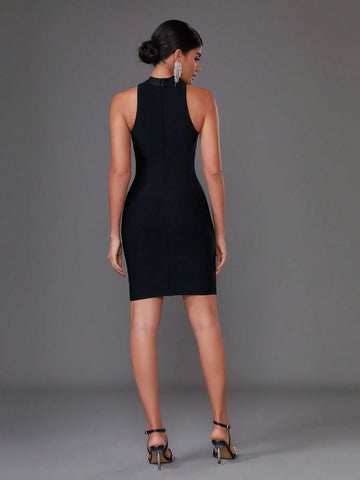 Floral Sexy Rhinestones Halter Bandage Party Dress