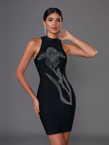 Floral Sexy Rhinestones Halter Bandage Party Dress