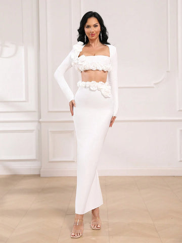 Floral Slit Sexy Long Sleeve Bandage Party Dress Suit