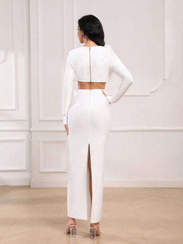 Floral Slit Sexy Long Sleeve Bandage Party Dress Suit