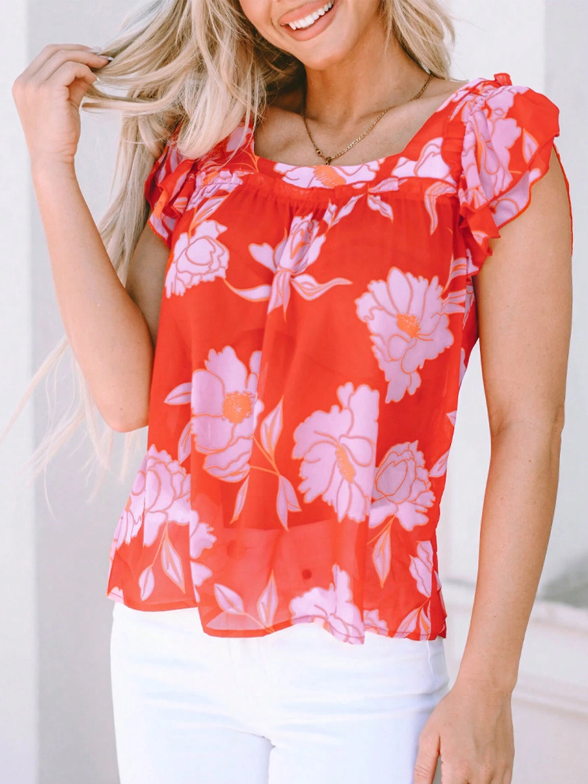 Floral Square Neck Ruffle Sleeve Blouse