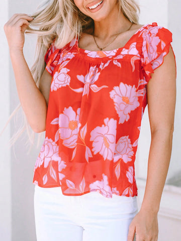 Floral Square Neck Ruffle Sleeve Blouse
