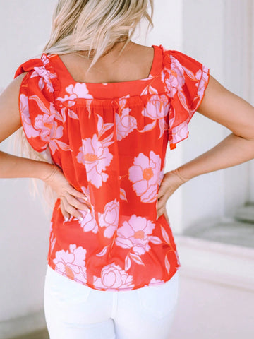 Floral Square Neck Ruffle Sleeve Blouse