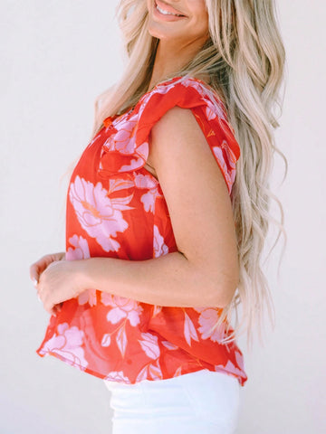 Floral Square Neck Ruffle Sleeve Blouse