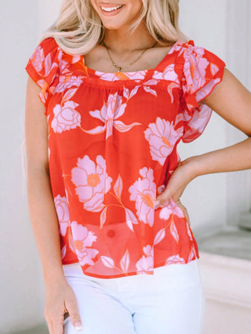 Floral Square Neck Ruffle Sleeve Blouse