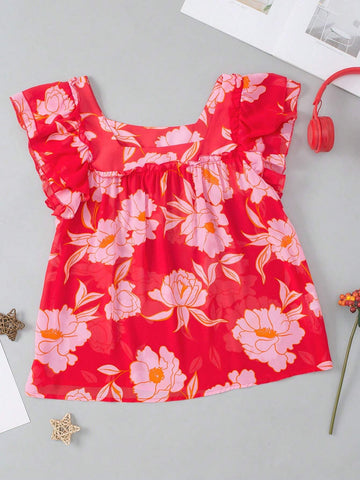 Floral Square Neck Ruffle Sleeve Blouse