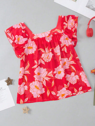 Floral Square Neck Ruffle Sleeve Blouse