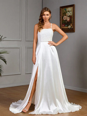 Floral Textured Open Side Hem Maxi Elegant Spaghetti Strap Wedding Dress