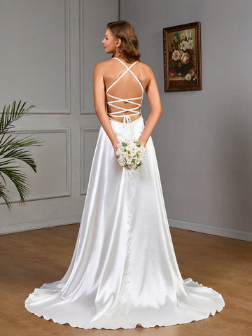Floral Textured Open Side Hem Maxi Elegant Spaghetti Strap Wedding Dress
