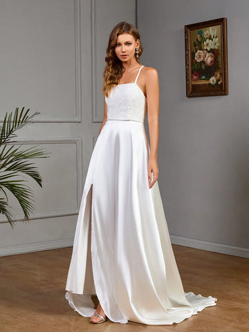 Floral Textured Open Side Hem Maxi Elegant Spaghetti Strap Wedding Dress