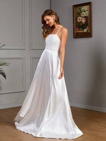 Floral Textured Open Side Hem Maxi Elegant Spaghetti Strap Wedding Dress