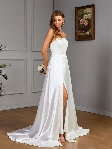 Floral Textured Open Side Hem Maxi Elegant Spaghetti Strap Wedding Dress