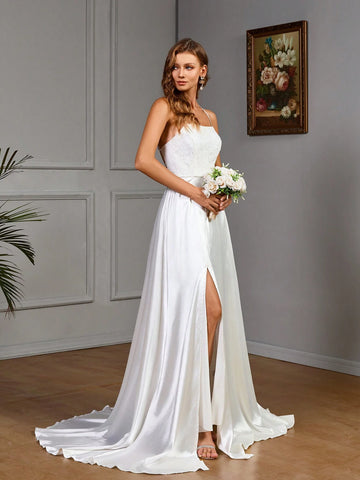Floral Textured Open Side Hem Maxi Elegant Spaghetti Strap Wedding Dress