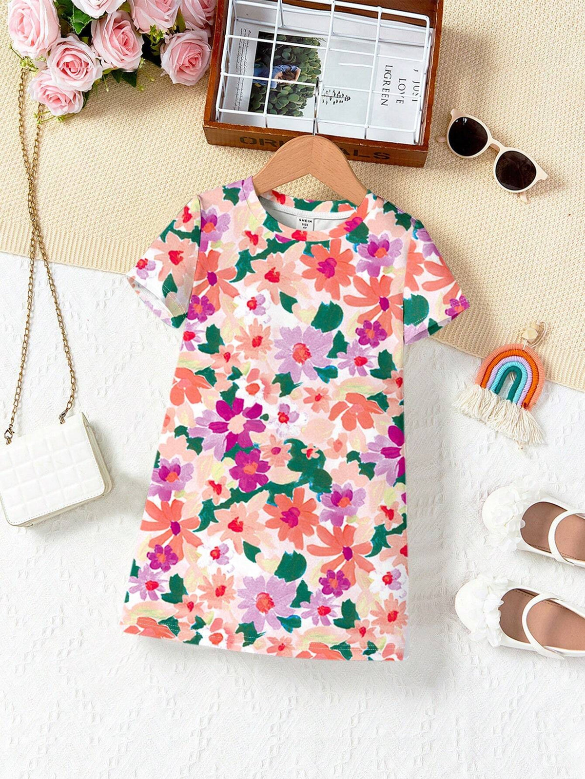 Floral, Young Girl Casual Simple Flower Pattern Short Sleeve Midi Dress Suitable For Summer
