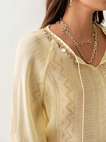 Florisole Bohemian Resort Ocean Shell Trim Women Blouse