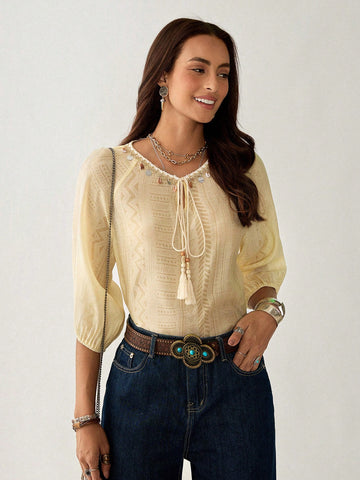 Florisole Bohemian Resort Ocean Shell Trim Women Blouse