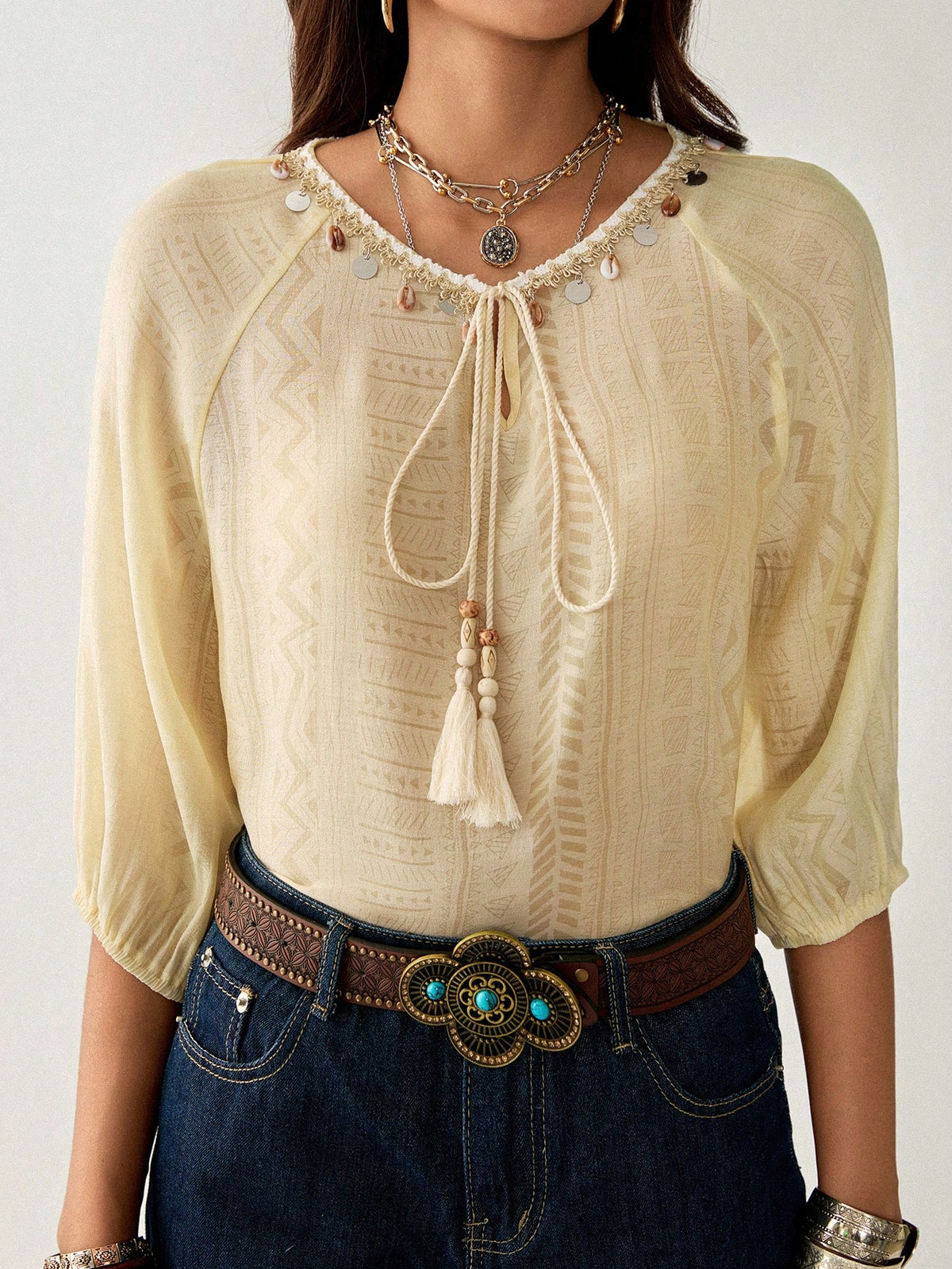 Florisole Bohemian Resort Ocean Shell Trim Women Blouse
