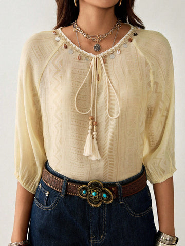 Florisole Bohemian Resort Ocean Shell Trim Women Blouse
