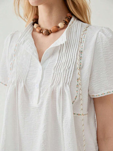 Florisole Solid Color Pleated Casual Vacation Short Sleeve Shirt, Summer