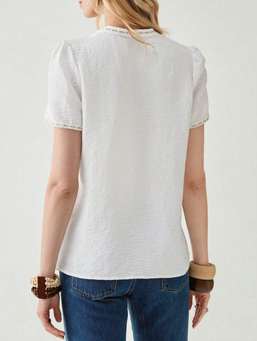 Florisole Solid Color Pleated Casual Vacation Short Sleeve Shirt, Summer