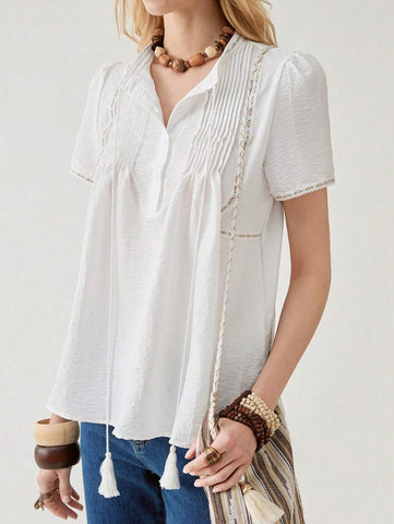 Florisole Solid Color Pleated Casual Vacation Short Sleeve Shirt, Summer