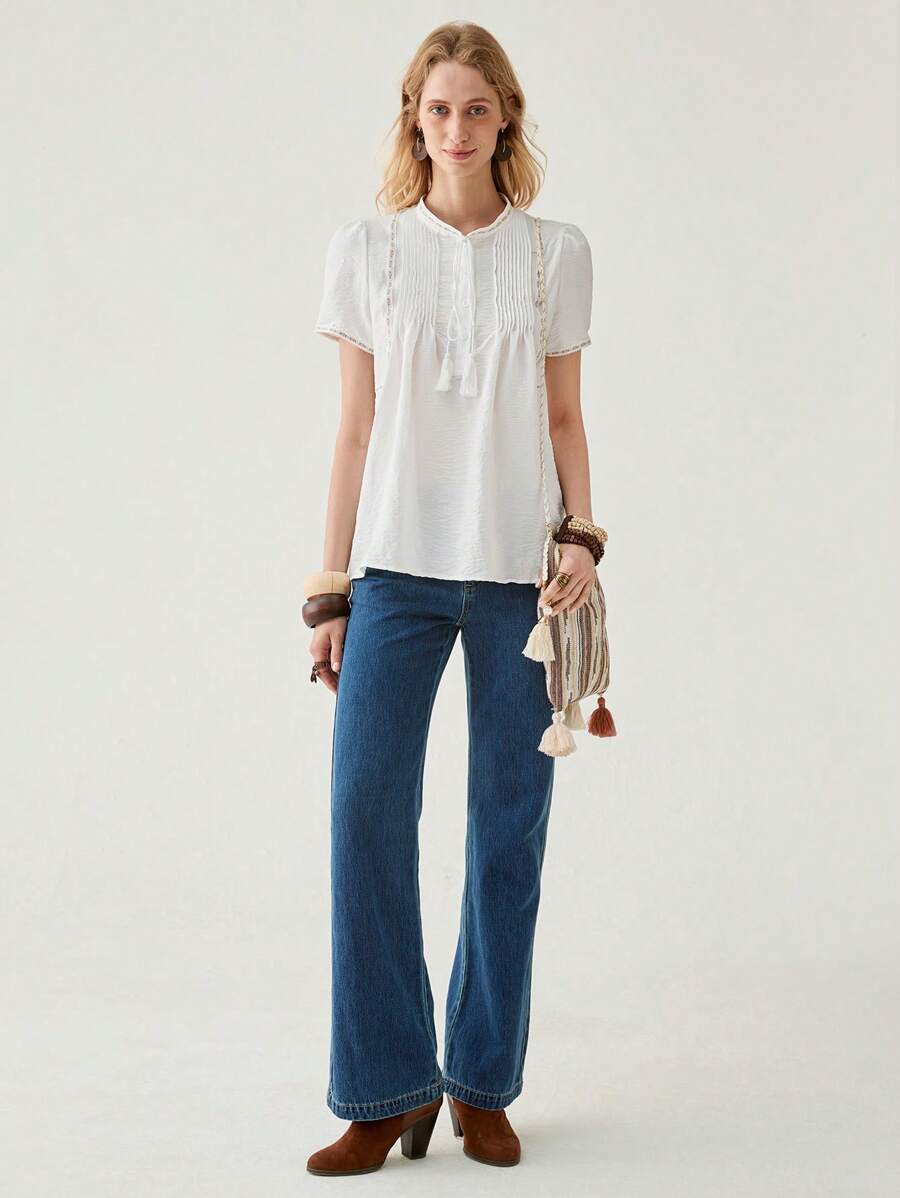 Florisole Solid Color Pleated Casual Vacation Short Sleeve Shirt, Summer