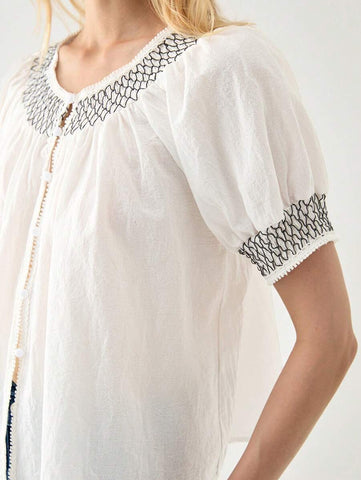 Florisole Summer Women's French Round Neck Puff Sleeve Drawstring Waist Simple Patchwork Open Cardigan Shirt